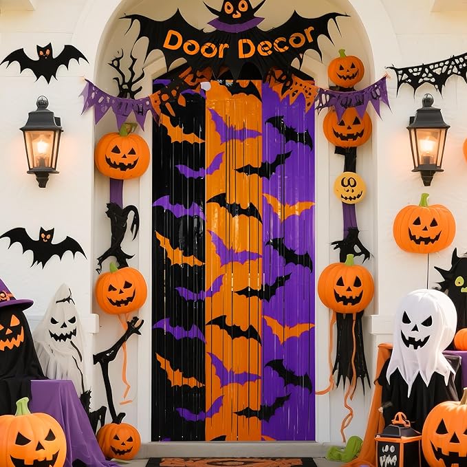 Halloween Party Decorations, 2 Pack Halloween Foil Fringe Curtains 3.3 X 6.6 ft, Orange Purple Black Bat Pattern Halloween Party Backdrop Photo Booth Props Streamers Halloween Birthday Party Supplies