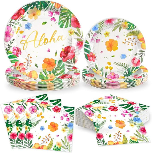 OuMuaMua 60Pcs Luau Party Tableware Decorations, Aloha Tropical Disposable Dinnerware Set including Paper Plates with Napkins for Hawaiian Tropical Summer Birthday Party Supplies, Serves 20