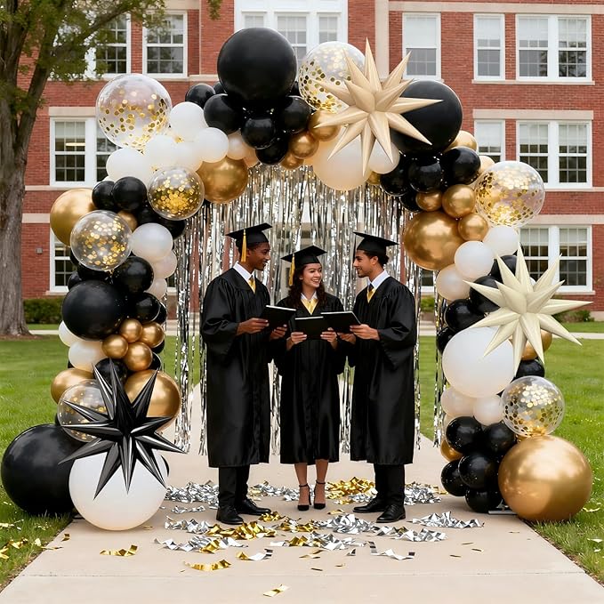 Black White Gold Balloons Arch Kit,Black Beige Sand White Chrome Gold Confetti Balloons Garland Kit with Exploding Star Balloons for New Year Graduation Retirement Birthday Wedding Party Decorations