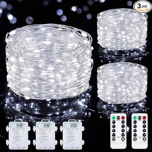 Mlambert 3 Pack 33FT Fairy Lights Battery Operated with Remote and Timer, Dimmable Waterproof 8 Modes Lights for Classroom Christmas Party-Cool White