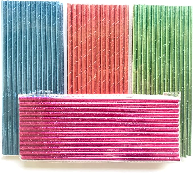 100 pcs Mixed Biodegradable Colorful Party Paper Straws, Colored Pure Plain Hot Pink Blue Red Green Foil Rainbow Drinking Straws Bulk, Holiday Birthday Wedding Cake Pop Sticks (Solid Metallic)