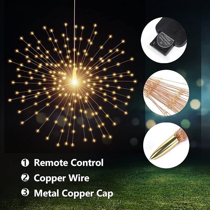 4 Pack 800 LED Starburst Sphere Lights, Battery Operated Firework Light, 8 Modes Dimmable Remote Control Waterproof Hanging Fairy Light, Copper Wire Lights for Patio Parties Christmas (Warm White)