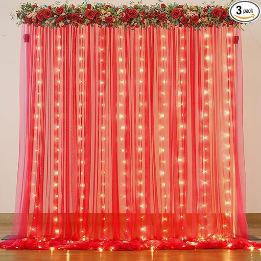Red Tulle Backdrop Curtain with Lights String for Parites 10x10ft Wrinkle Free Sheer Backdrop Curtains for Birthday Party Bridal Shower Baby Shower Christmas Wall Photo Booth Background Decorations
