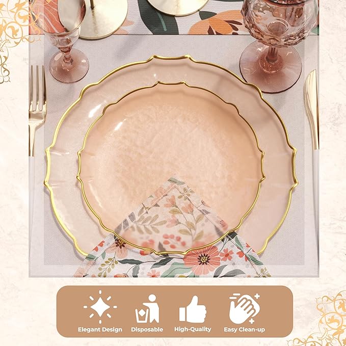 Exquisite Tinted Plates - 80 Piece Plastic Disposable Party Set for 40 Guests - 40 X 7.5 Dessert & 40 X 10 Thin Delicate Fancy Plates - Coral Peach with Gold Rim
