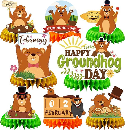 JULMELON 8PCS Groundhog Day Party Decorations Honeycomb Centerpieces, Happy Groundhog Day Party Centerpieces for Tables Groundhog Day Party Decor Supplies for Weather Forecast Spring February
