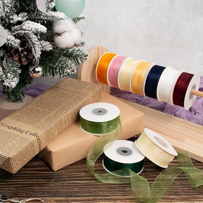 Sheer Organza Ribbon - Cream & Emerald Green, 1 Inch x 75 Yds - Clear Tulle for Gift Wrapping, Wedding, Christmas, Flowers & Crafts