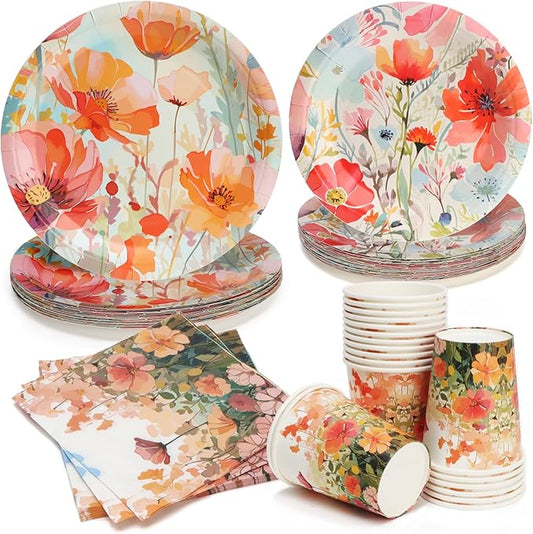 80pcs Floral Party Plates Disposable Tableware Set Orange Flower Paper Plates for 20 Guests Kids Party Picnic Wedding Tea Party Table Supplies (Include Plates, Cups and Napkins)