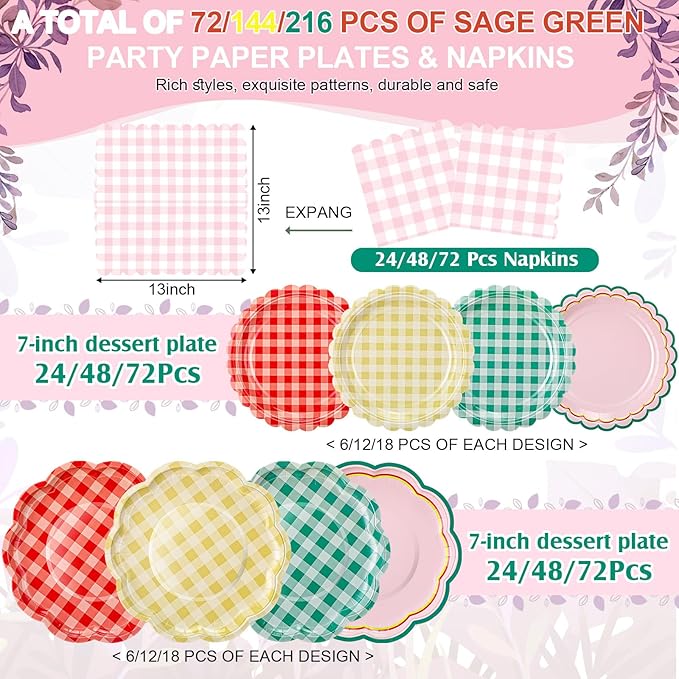 216 Pcs 72 Guests Camp Gingham Party Plates and Napkins Camping Gingham Paper Plates Napkins Checkered Plaid Disposable Tableware for Picnic BBQ Bachelorette Baby Bridal Shower Party Supplies