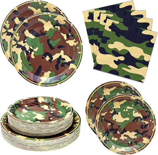 180PCS Camo Birthday Party Supplies Serve 60, Army Camouflage Theme Paper Plates and Napkins Kit for Camouflages Hunting Army Military Civil War Decorations