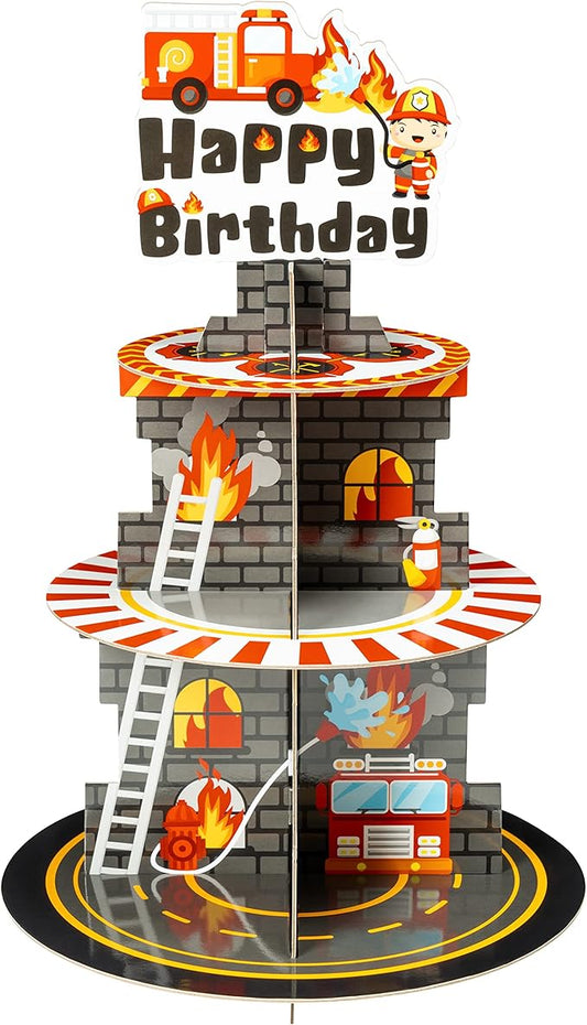 Haooryx Firefighter Cupcake Stand - 3 Tier Fire Truck Cupcake Tower Cardboard Happy Birthday Dessert Holder Pastry Platter Kids Adult Firefighter Theme Birthday Party Table Decoration Supplies