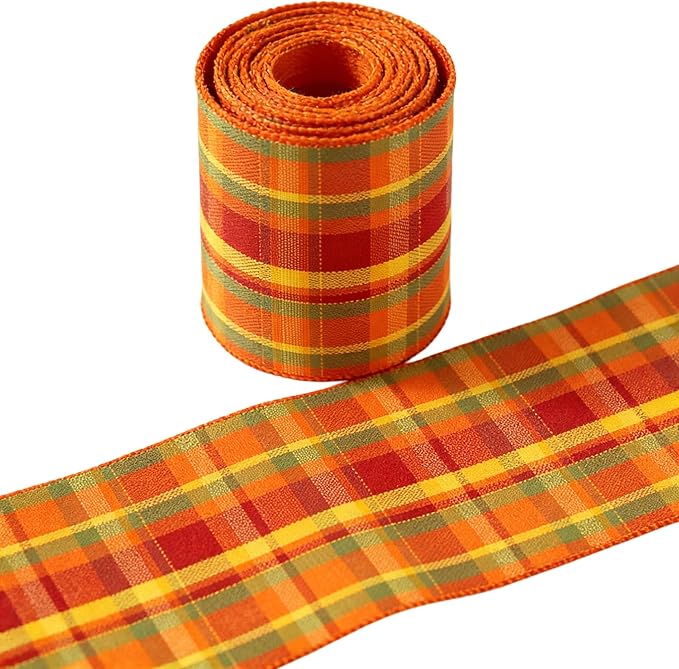 Meseey 4 Inch x 10 Yards Orange Plaid Wired Ribbon, Fall Harvest Plaid Wired Edge Ribbon for Wreaths, Bows, Wrapping, Thanksgiving & Halloween Decorations (Burgundy/Yellow)