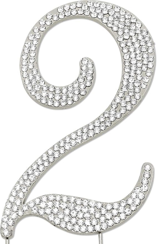 Sparkly Rhinestones Number 2 Cake Topper, Birthday Wedding Anniversary Silver Number 2