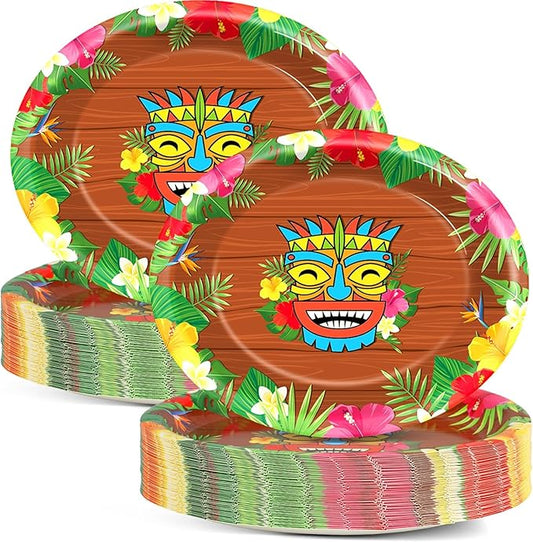 CHUNNIN 50Pcs Hawaiian Luau Oval Paper Plates 11 Inch Tiki Party Decorations Tropical Luau Disposable Dinnerware Plates Summer Serving Tray for Tropical Aloha Birthday Party Supplies Decorations