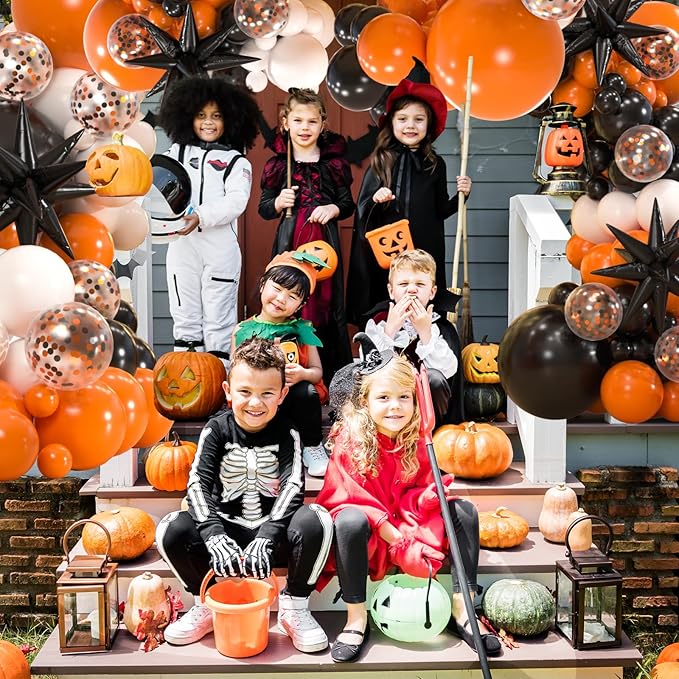 161pcs Black White Orange Balloons Arch Kit,Black Orange With 3pcs Starburst Foil Balloons for Birthday Graduation Halloween Thanksgiving Day Party Decorations