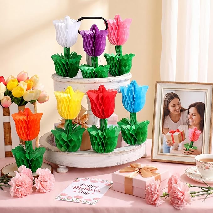 Colingmill 10 Pcs Spring Flower Honeycomb Centerpieces Tulip Mother's Day Decoration Spring Flower Party Supplies Tulip Floral Tabletop for Home Office Garden Wedding Tiered Tray Party Decor