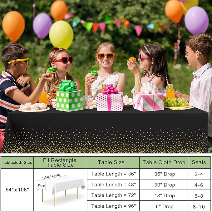 misaya 4 Packs Dot Disposable Table Cloth, 54 x 108 Inch Waterproof Plastic Tablecloth, Rectangle Gold Dots in Black Table Covers for Picnic, Birthday, Party