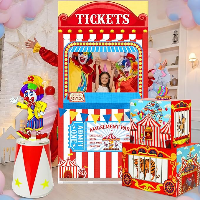 Circus Theme Party Decorations Supplies: Carnival Ticket Photo Booth Props Backdrop Kit with Circus Boxes Carnival Photo Backdrop Amusement Park Theme Accessories for Boys Girls Birthday Decor