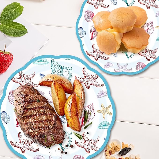 180PCS Summer Beach Party Paper Plate,Seashell and Starfish Paper Plates Supplies-Seashell and Starfish Plates, Cups, Napkins and Knife Fork For Birthday Baby Shower Bridal Wedding Party