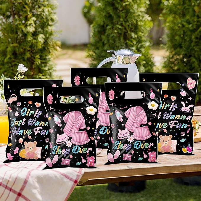 MOIZYNG 50Pcs Sleepover Party Favor Bags with Handles, Cute Pajama Sleep Over Plastic Candy Treat Goodie Gift Bags for Girls Just Wanna Have Fun Slumber Party Supplies