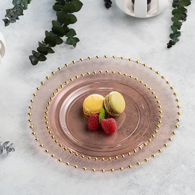 PLASTICPRO 64 Piece Combo Plastic Dinner Plates Disposable Plastic Fancy Heavy Duty Party Dishes 7 inch and 10 inch, Translucent Rose and Gold Beaded