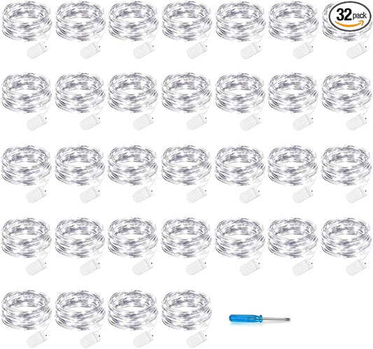 VOOKRY 32 Pcs Fairy Lights Battery Operated String Lights - 10 ft 30 LEDs Waterproof Silver Wire Mini Firefly Starry Moon Lights for DIY Crafts Wedding Party Table Centerpieces Christmas(Cool White)