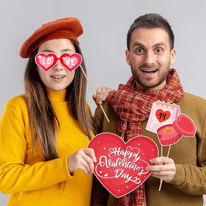 Happy Valentine's Day Photo Booth Props Kit, 24 PCS Selfie Photo Booth Accessories with “Happy Valentine’s Day” Signs, Cute Heart Themed Party Decorations for Valentine’s Party Favors