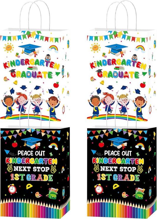 MOIZYNG 16PCS Kindergarten Graduation Gift Bags with Handles, Peace Out Kindergarten Next Stop 1st Grade Paper Treat Candy Goodie Bags for Boys Girls Kids Graduation Party Favors Supplies
