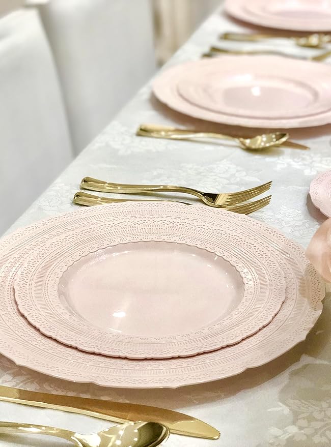 " OCCASIONS " 240 Plates Pack,(120 Guests) Extra Heavyweight Vintage Wedding Disposable/Reusable Plastic Plates 120x11'' Dinner+120 x 8.25'' Salad/Dessert Plate (Chateau Blush Pink)