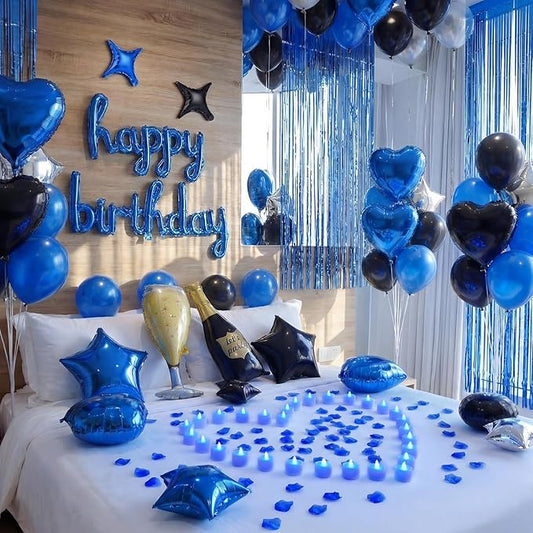 Realspring 120 Pcs Happy Birthday Decorations Set Balloons Letters Banner with Candle LED Light Champagne Bottle Wine Glass Rose Petals for Birthday Party Room Decor (Blue)