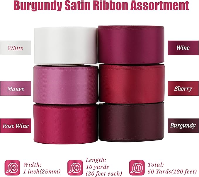 MAYREEL Burgundy Satin Ribbon 1 Inch Dark Red Maroon Ribbon for Gift Wrapping Crafts Wedding Bridal Shower Party Christmas Tree Decorations 6 Rolls 10 Yards Each Color Total 60 Yards