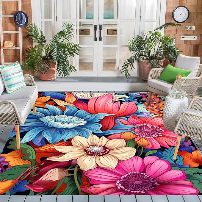 Floral Outdoor Rug Vibrant Waterproof Non Slip Patio Rugs for Balcony Garden Camping Poolside 4x6 Machine Washable Porch Deck Flower Print Outside Carpet Vintage Bathmat Blue Pink