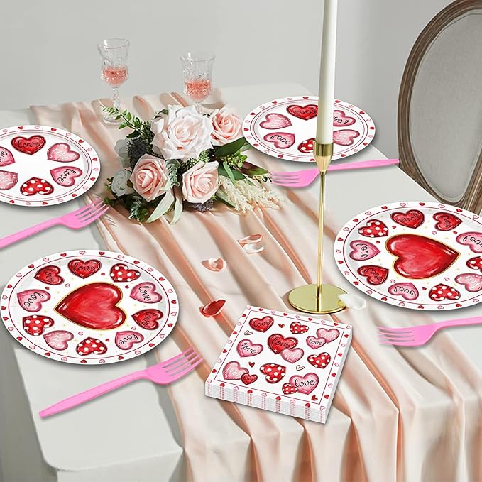 96 Pieces Valentine’s Day Tableware Set – Pink Red White Disposable Plates, Napkins, and Forks with Heart Designs for Valentine’s Parties, Weddings, and Romantic Celebrations – Serves 24 Guests