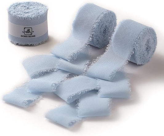 DORIS HOME Dusty Blue Chiffon Ribbon for Flower Bouquet, 1" x21Yd Fabric Ribbon for Gift Wrapping, Handmade Frayed Ribbon for Wedding Invitations/Christmas Decorations