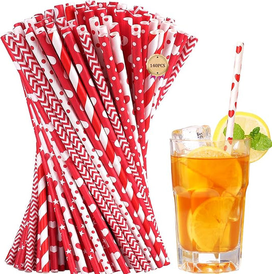 [140 Pack] PakTalk Valentine Straws, 7 Assorted Red and White Straws Red White Striped Dot Wave Star Paper Straws Disposable for Valentines, Wedding, New Year, Christmas, Party (0.24''*8.27'')