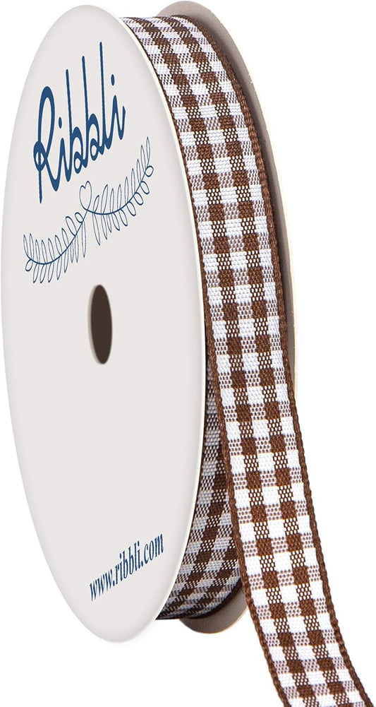Ribbli Brown and White Gingham Ribbon,100% Polyester Woven Edge,3/8 Inch x 10 Yard,Plaid Ribbon Use for Gift Wrapping,Party Decoration