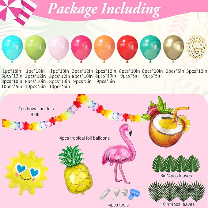 170Pcs Flamingo Tropical Balloon Arch Garland Kit, Hot Pink Olive Green Orange Teal Gold Foil Balloons Palm Leaves Hawaiian Leis for Luau Aloha Summer Beach Pool Birthday Baby Shower Party Decorations