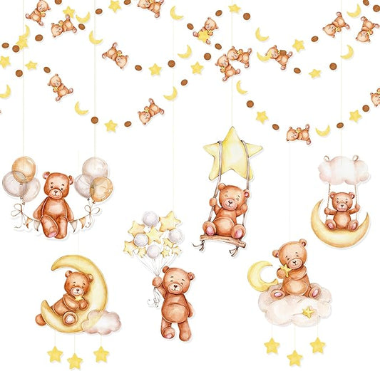 Teddy Bear Party Decorations Cream Tan Brown Boho Star Moon Bear Hanging Cutout Garland Streamer for We Can Bearly Wait Baby Shower Birthday Party Supplies Classroom Nursery Wall Ceiling Decor