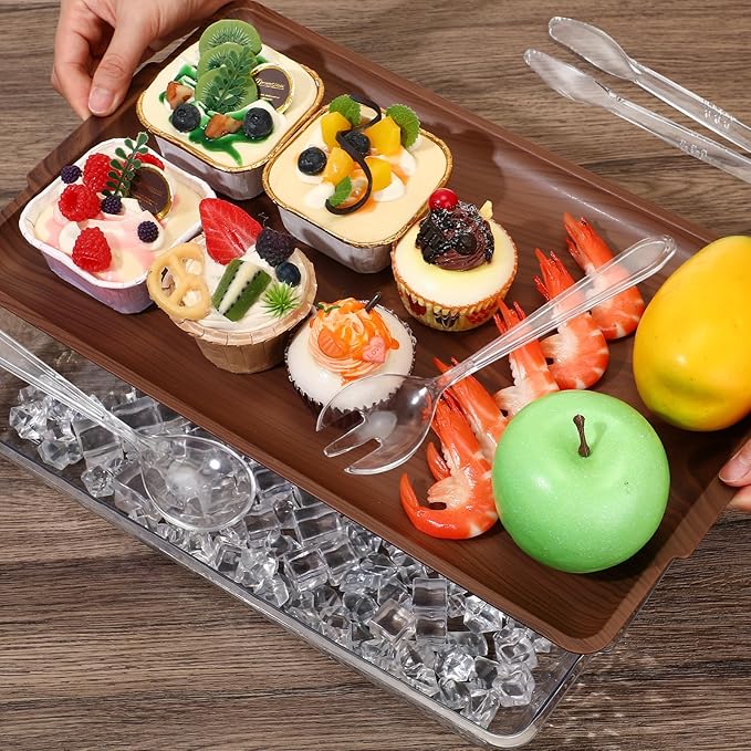 Baderke 1 Set 16" x 9" Chilled Serving Tray for Parties with Compartments Ice Chilled Party Crudite Platter Charcuterie Serving Board Cold Dish Dip Tableware for Seafood Vegetable (Dark Wood)