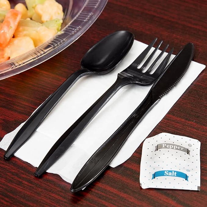 KitchenDine 100 Pack Medium Weight Wrapped Black Plastic Cutlery Pack with Napkin and Salt/Pepper Packets (Black)