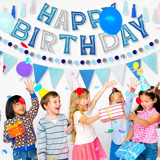 Mindsoft 5 Pcs Pre-Strung Blue and Silver Happy Birthday Banner Set, Felt Glitter Happy Birthday Garland with Ball Garland, Pennant Flags and Tassels, Birthdays Party Decorations for Kids and Adults