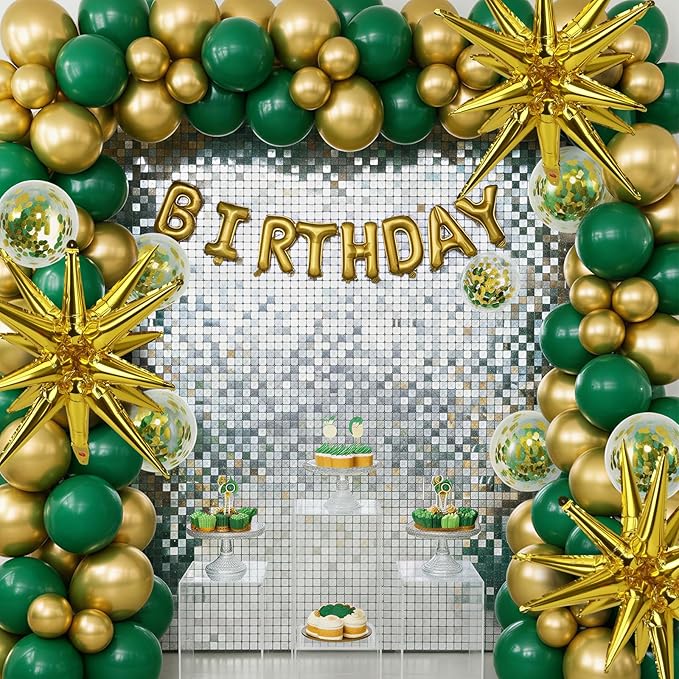 RUBFAC Green and Gold Balloon Garland Arch Kit, 140pcs Graduation Decorations Latex Balloons, Dark Green Gold Confetti Star Balloon for Birthday Wedding New Year Party Decorations