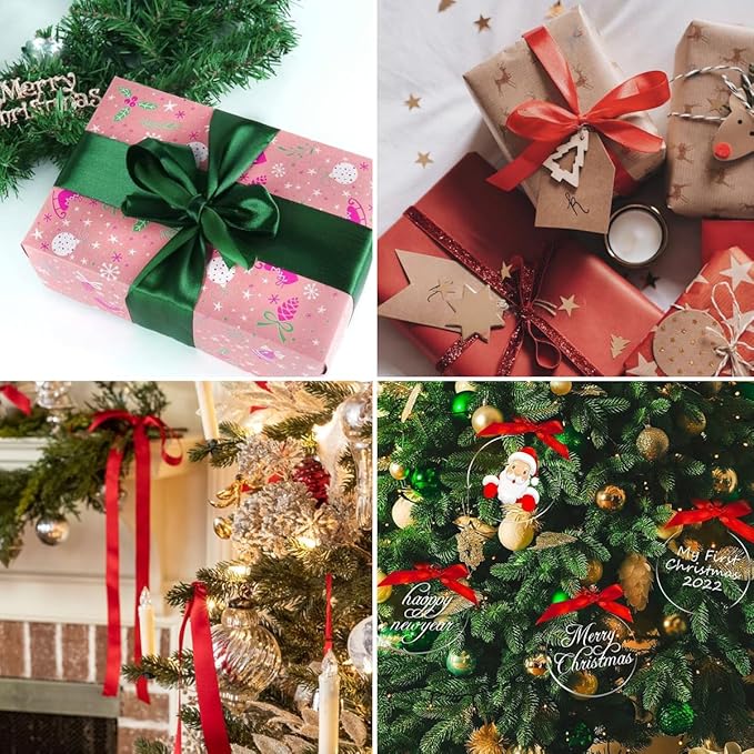 Red Christmas Ribbon, Dark Green Red Satin Ribbon 1 Inch 50 Yards Fabric Ribbons for Christmas Party Decorations, Gift Wrapping, Tree Ornaments, Bouquets, Door Wreaths, Bows Making and DIY Crafts