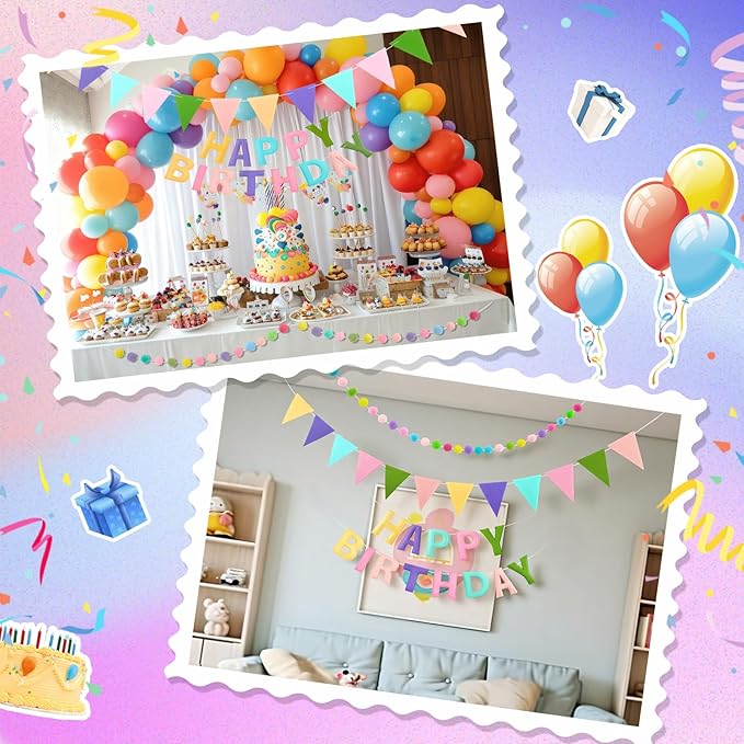 Mindsoft Pre Strung 3 Pcs Happy Birthday Banner Felt Ball Garland Multicolor Triangle Banner Reusable Bulk Rainbow Birthday Decorations for Girls Boys Women Men