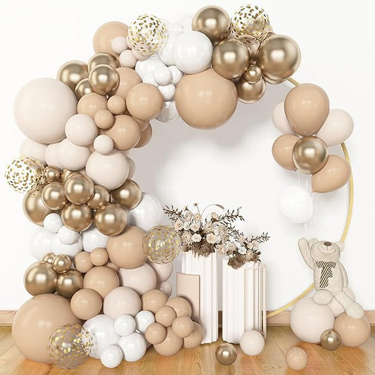 Amandir 153pcs White Sand Balloon Garland Arch Kit Different Sizes 18 12 10 5 inch Beige Cream Champagne Gold Latex Metallic Confetti Balloons Baptism Boho Neutral Shower Birthday Party Decorations