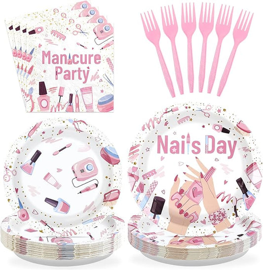 96Pcs Spa Party Supplies Pink Manicure Pedicure Plates and Napkins Disposable Nail Polish Tableware Set Makeup Cosmetics Paper Plates for Girls Women Birthday Party Decorations Serves 24