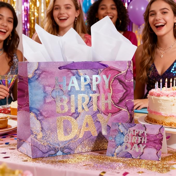 PARNOG 13" Large Happy Birthday Gift Bag with Tissue Paper and Card for Girls Kids Women Birthday