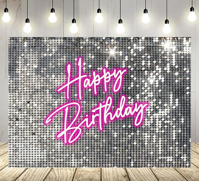 Withu Silver Sequins Pink Neon Happy Birthday Backdrop for Photography Shining Flash Stars Shimmer Wall Decoration Banner Princess Girls Women Bday Party Background 7x5ft