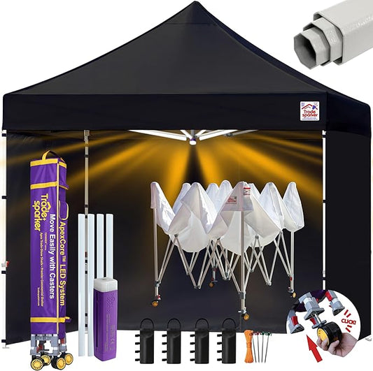 Tradesparker Pop Up Tent,Commercial Movable Canopy with ApexCore LED&Rugged Casters-Instant Easy Setup Shelter Canopies with Weight Bags&Stakes for Outdoor Events(10x10, with 4 Sidewalls, Black)