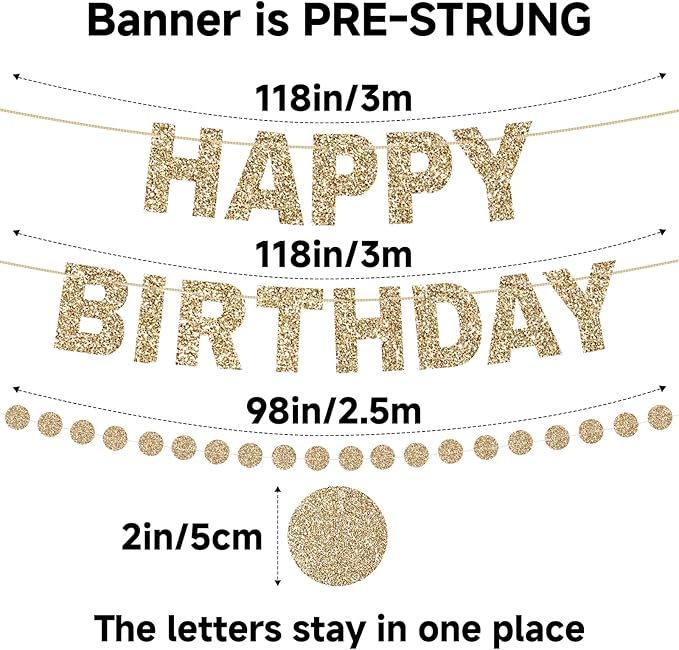Happy Birthday Banner Pre-Strung Birthday Party Decorations NO DIY Glitter Happy Birthday Sign Circle Dots Garland Birthday Hanging Decorations for Women Men Birthday Party Supplies (Gold)