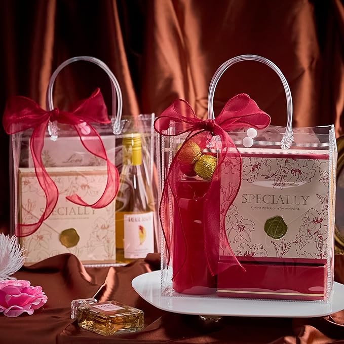 Jutieuo 24 PCS Clear Gift Bags with Handles, 7.9 x 7.9 x 3.2 Inches Reusable Plastic Goodie Bag Transparent Party Favor Bags Bulk for Weddings Birthdays Events, Classrooms & Celebrations